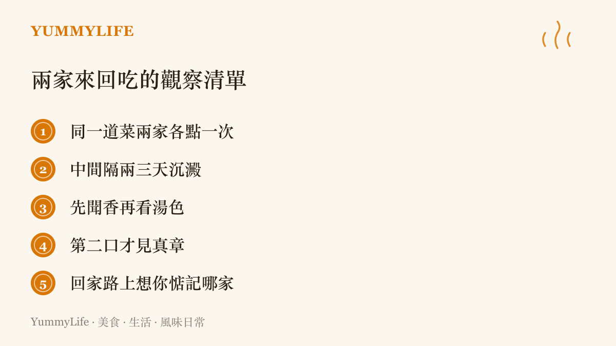 清單圖卡列出兩家店來回品嚐的觀察方法，包括各點一次同一道菜、隔幾天再訪、先聞香看色、留意第二口的真實口感，以及回家路上想念哪一家