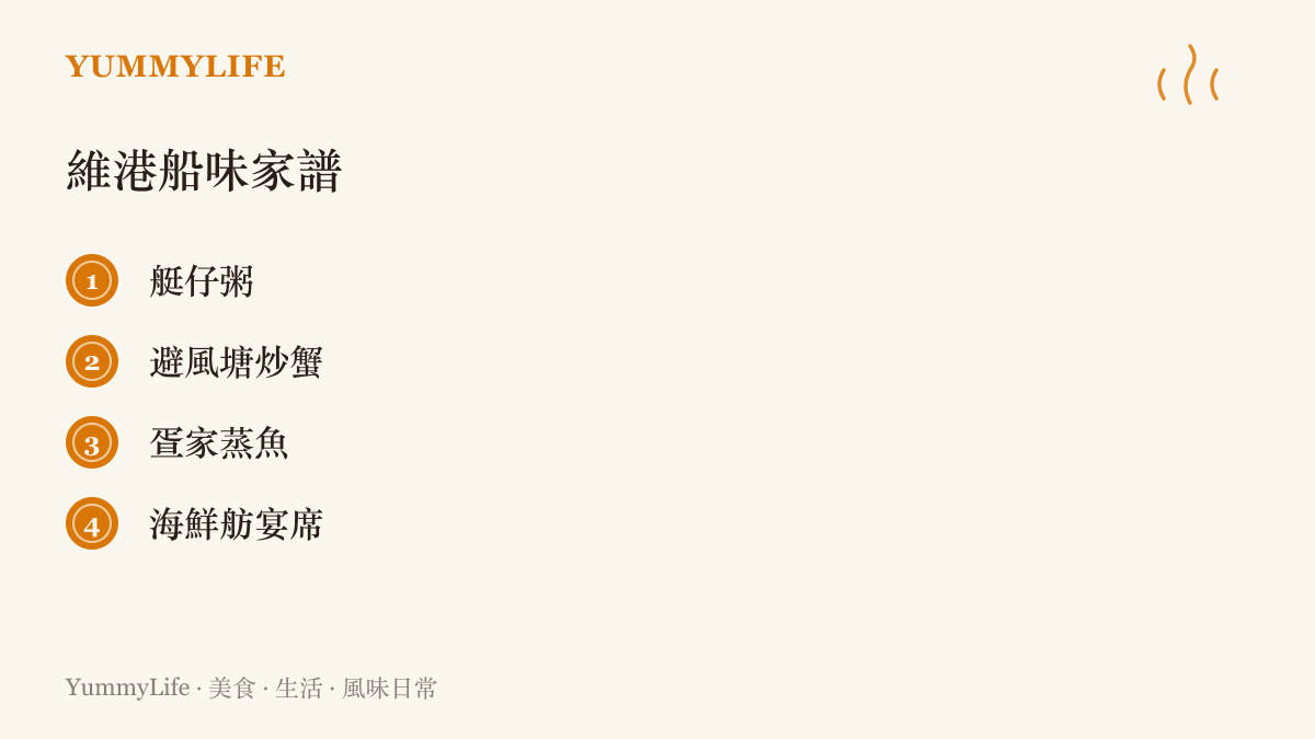 艇仔粥、避風塘炒蟹、疍家蒸魚與海鮮舫宴席，四種維多利亞港百年船味的代表菜色並列