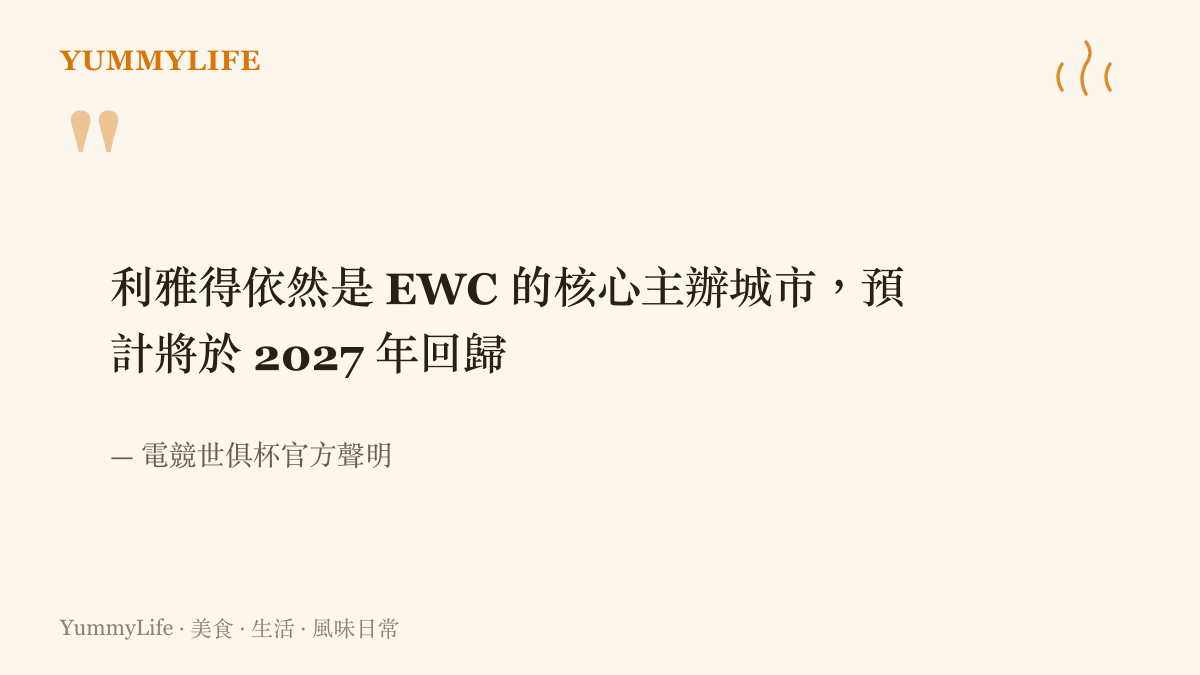 引言圖卡呈現電競世俱杯官方聲明，說明利雅得仍是核心主辦城市，並預計於 2027 年回歸