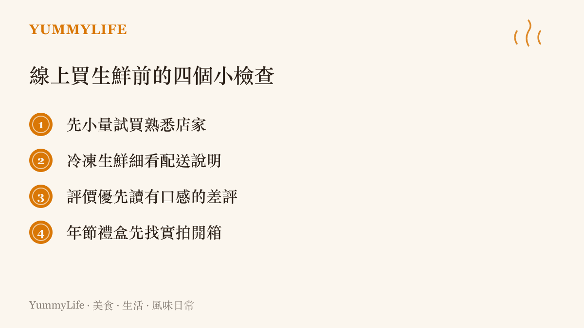 列出線上採買生鮮食材前的四項檢查提醒：小量試買、確認冷鏈配送方式、優先閱讀描述口感的差評、禮盒先看實拍開箱照