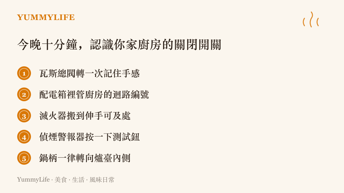 今晚十分鐘可完成的家庭安全清單：轉一次瓦斯總閥、確認廚房電路編號、安置滅火器、測試偵煙警報器，並養成鍋柄朝內的習慣。