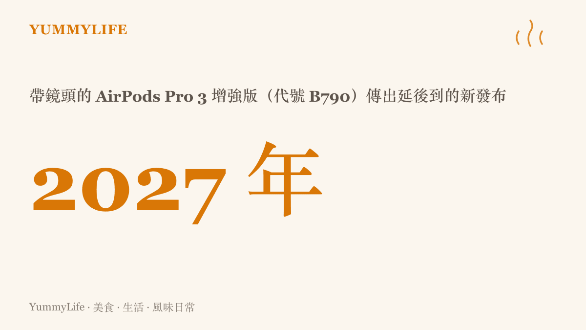 統計圖卡呈現古爾曼爆料中，帶鏡頭 AirPods Pro 3 增強版因量產挑戰延後至 2027 年發布的關鍵時間點