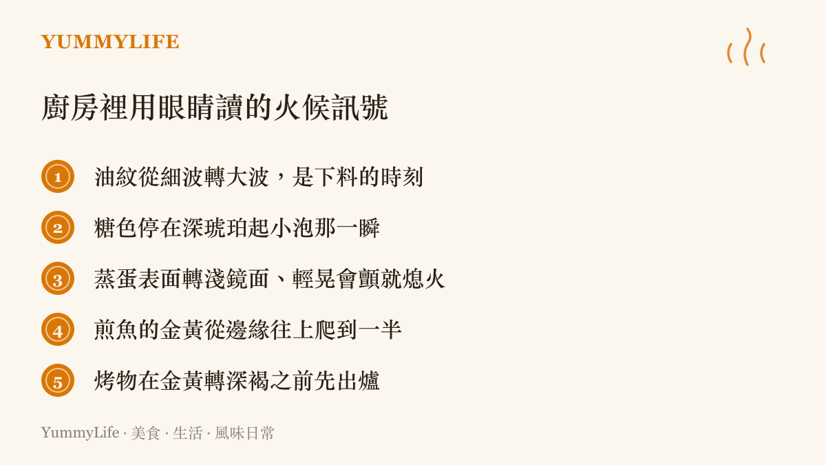 清單圖卡列出五種廚房目視判斷火候的訊號，包括油紋變化、糖色起泡、蒸蛋鏡面、煎魚金黃高度與烤物色澤