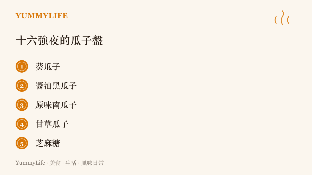 列出觀賽瓜子盤的五樣內容：葵瓜子、醬油黑瓜子、原味南瓜子、甘草瓜子與芝麻糖