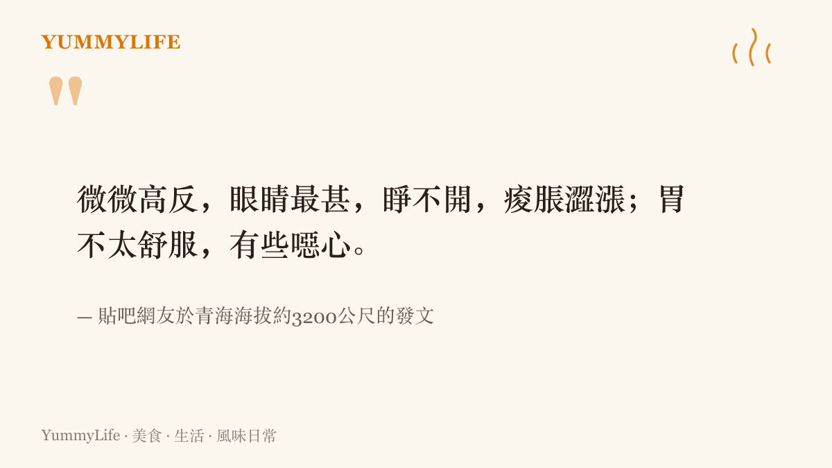 引述一位貼吧網友在青海海拔約三千二百公尺寫下的高山反應身體感受，眼睛痠脹睜不開、胃部不適想吐