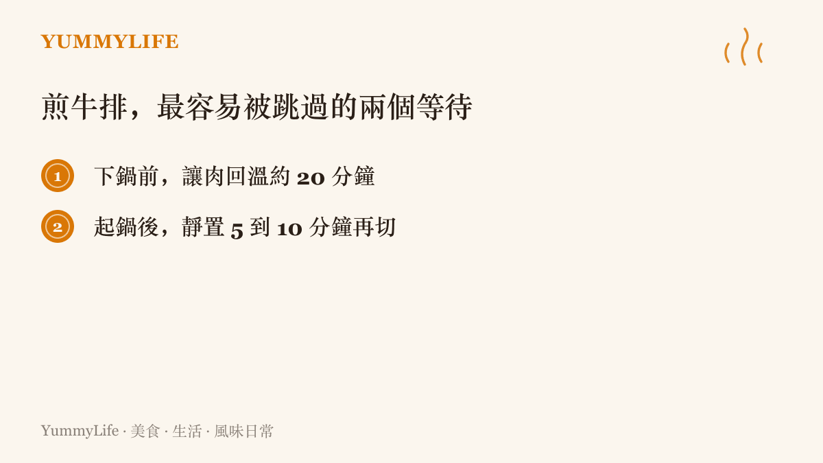 清單圖卡列出煎牛排最容易被忽略的兩個等待：下鍋前先讓肉回溫約二十分鐘，起鍋後靜置五到十分鐘再下刀