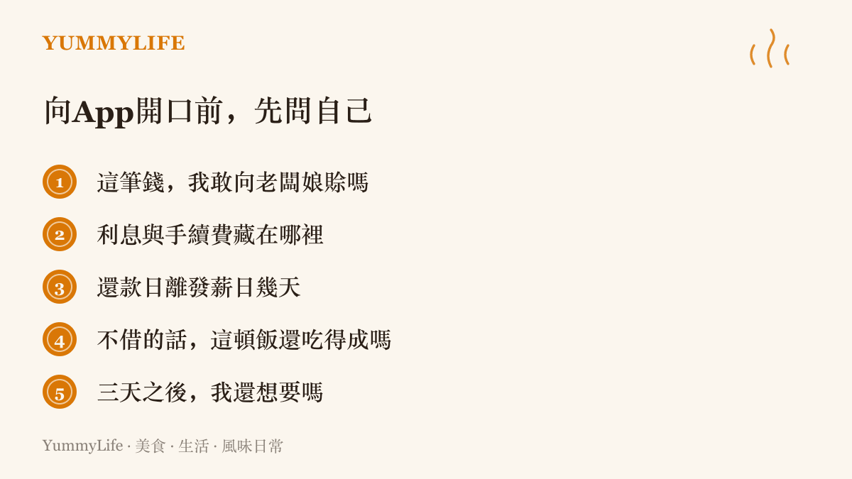 借錢前可以先問自己的幾個問題，包括敢不敢向巷口老闆娘開口、利息藏在哪裡、還款日與發薪日隔多遠