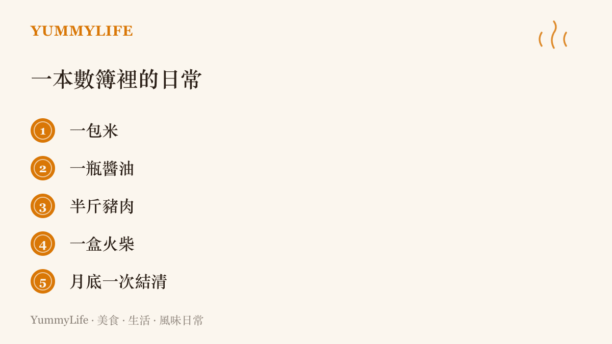 巷口柑仔店數簿上最常被賒借的品項，從一包米、一瓶醬油、半斤豬肉到一盒火柴，月底一次結清
