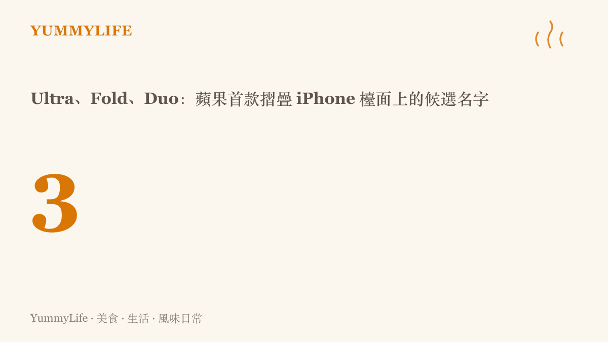 統計圖卡呈現蘋果首款摺疊 iPhone 檯面上的三個候選名字：Ultra、Fold 與 Duo