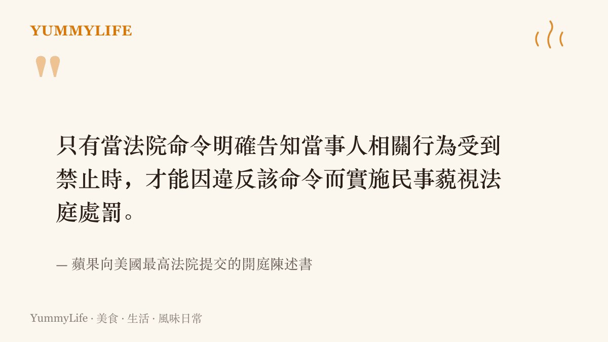 引言圖卡摘錄蘋果上訴文件的核心主張：法院命令必須明確寫出禁止的行為，才能據此判處民事藐視法庭