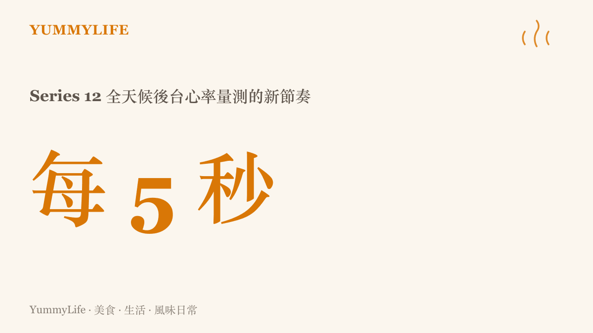 統計圖卡標示 Apple Watch Series 12 每五秒進行一次全天候後臺心率量測，取樣頻率較前代提高約六十倍