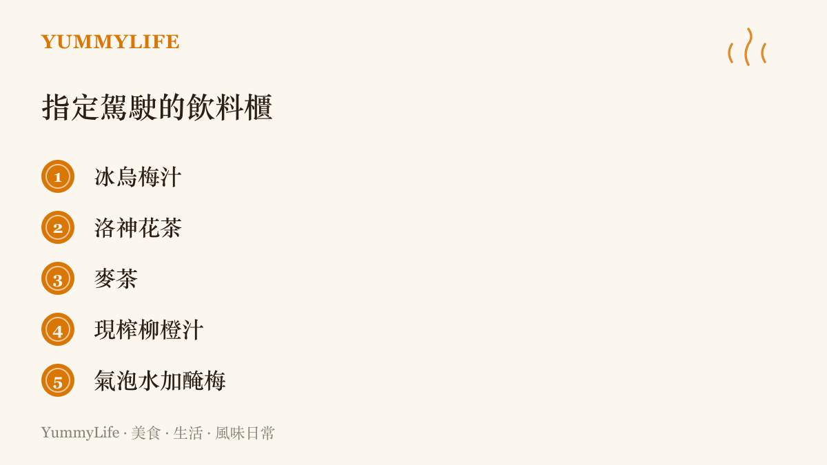 清單畫面列出五款適合送大家回家的駕駛的無酒精飲料：冰烏梅汁、洛神花茶、麥茶、現榨柳橙汁與加了醃梅的氣泡水