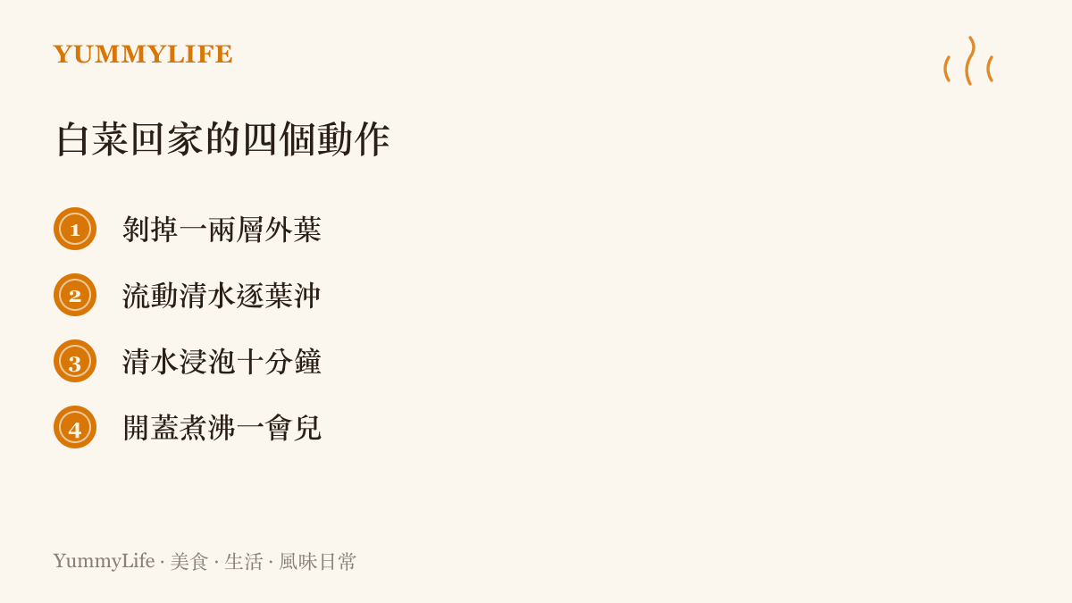 列出白菜買回家後的清洗與烹煮步驟：剝除外葉、流動清水沖洗、清水浸泡十分鐘、開蓋煮沸讓殘留揮發