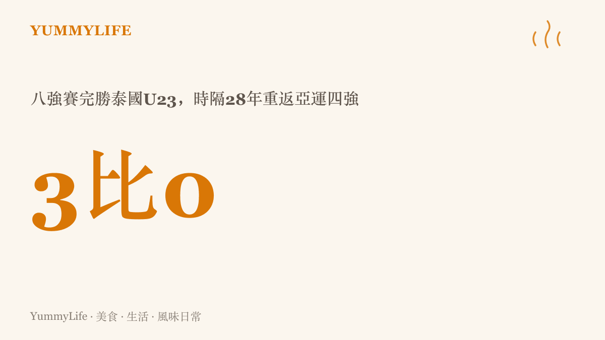 數據圖卡呈現中國U23在亞運男足八強賽以3比0完勝泰國，時隔28年重返四強，也是2002年改為U23賽制後首度闖進四強