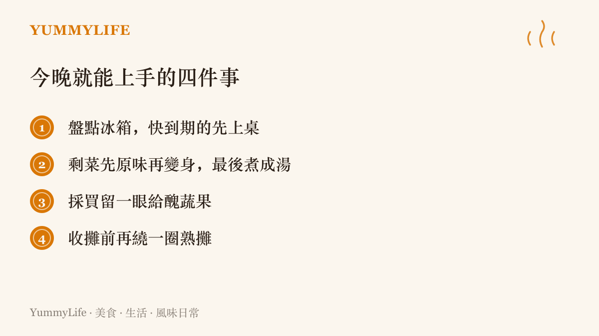 清單圖列出四項家庭惜食行動：盤點冰箱庫存、讓剩菜按順序變身、採買時留給醜蔬果一個機會，以及黃昏市場收攤前再到熟攤巡一輪