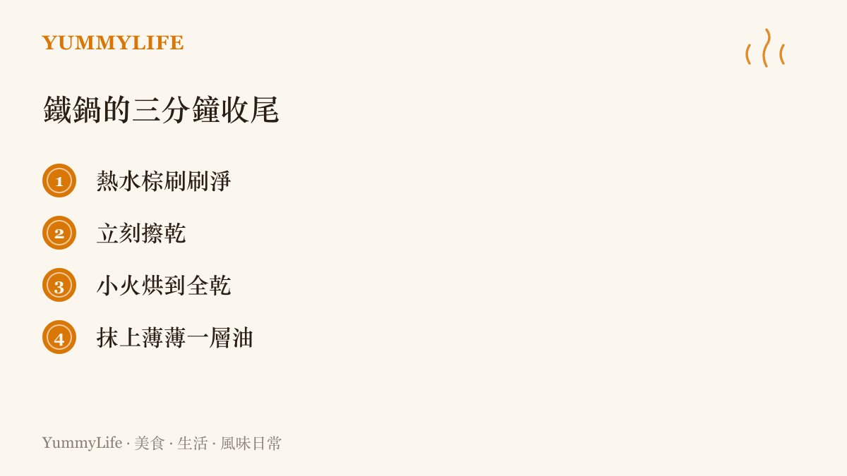 整理鐵鍋每天使用後的三分鐘保養順序：熱水刷淨、立刻擦乾、小火烘乾，最後抹上一層薄油