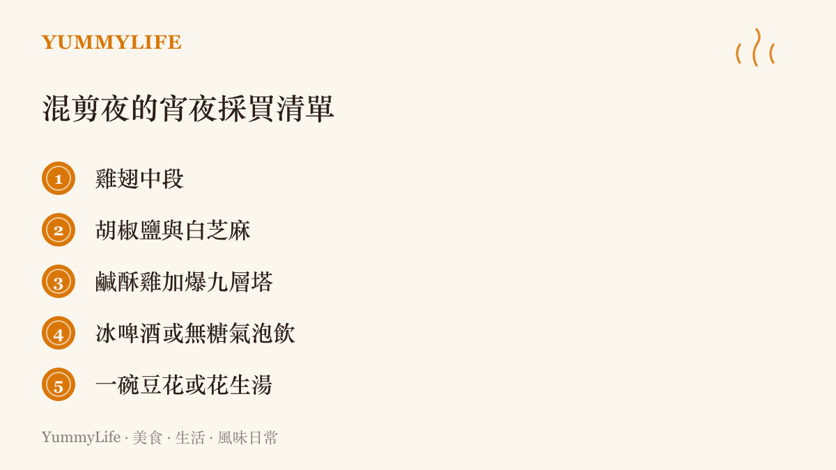 深夜追看亞運高光混剪的宵夜採買建議，列出雞翅中段、胡椒鹽、鹹酥雞、冰飲與甜湯。