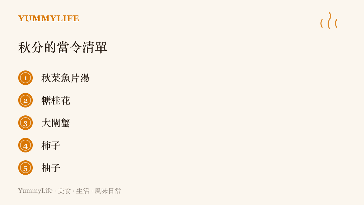 秋分時令味道清單，列有秋菜魚片湯、糖桂花、大閘蟹、柿子與柚子五項當季味道