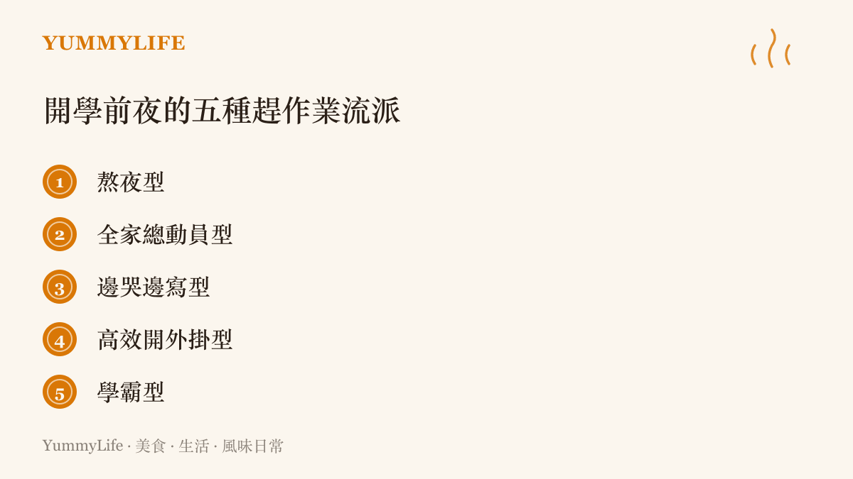 開學前夜常見的五種趕作業流派清單：熬夜型、全家總動員型、邊哭邊寫型、高效開外掛型與早就寫完的學霸型