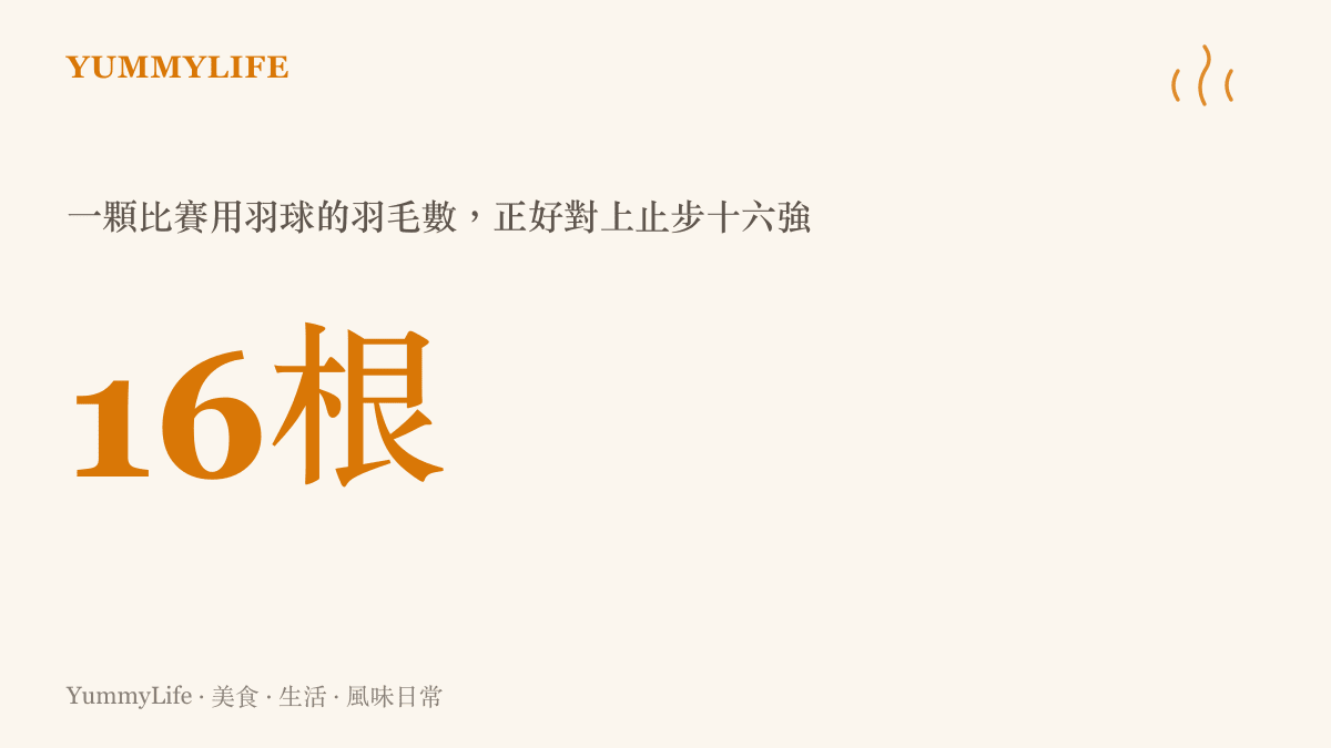 統計圖卡呈現一顆比賽級羽球固定由十六根鵝毛或鴨毛製成，這個數字恰好與中國男單止步的十六強輪次相同。