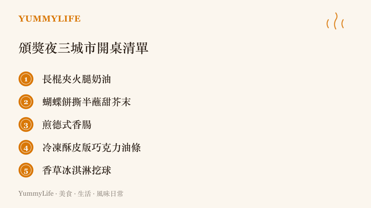 頒獎夜開桌清單列出長棍三明治、蝴蝶餅、德式香腸、巧克力油條與香草冰淇淋球等菜色