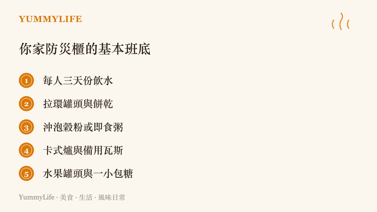 家庭防災存糧清單列出三天份飲水、拉環罐頭、沖泡穀粉、卡式爐瓦斯與甜味存糧等基本備品