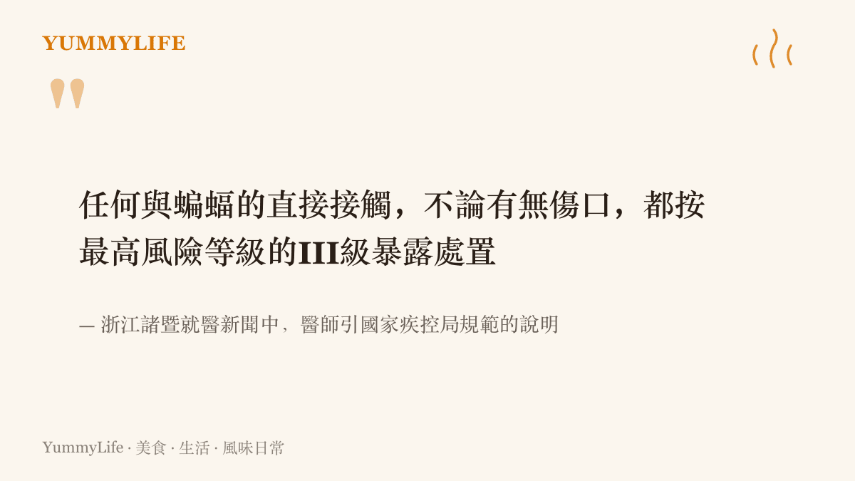 引述新聞中醫師依國家疾控局規範的說明，與蝙蝠直接接觸不論有無傷口都按最高風險等級的Ⅲ級暴露處置