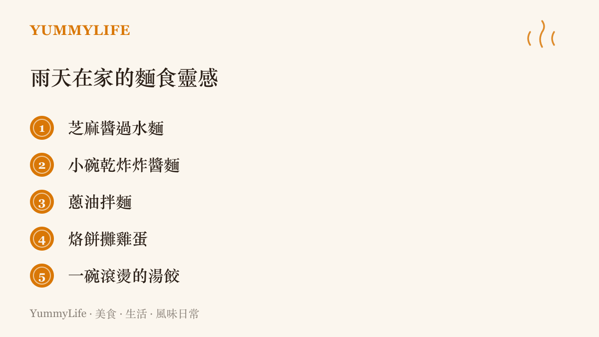 清單圖卡列出五種適合雷雨天在家享用的麵食靈感，包括芝麻醬過水麵、炸醬麵、蔥油拌麵、烙餅攤雞蛋與熱湯餃