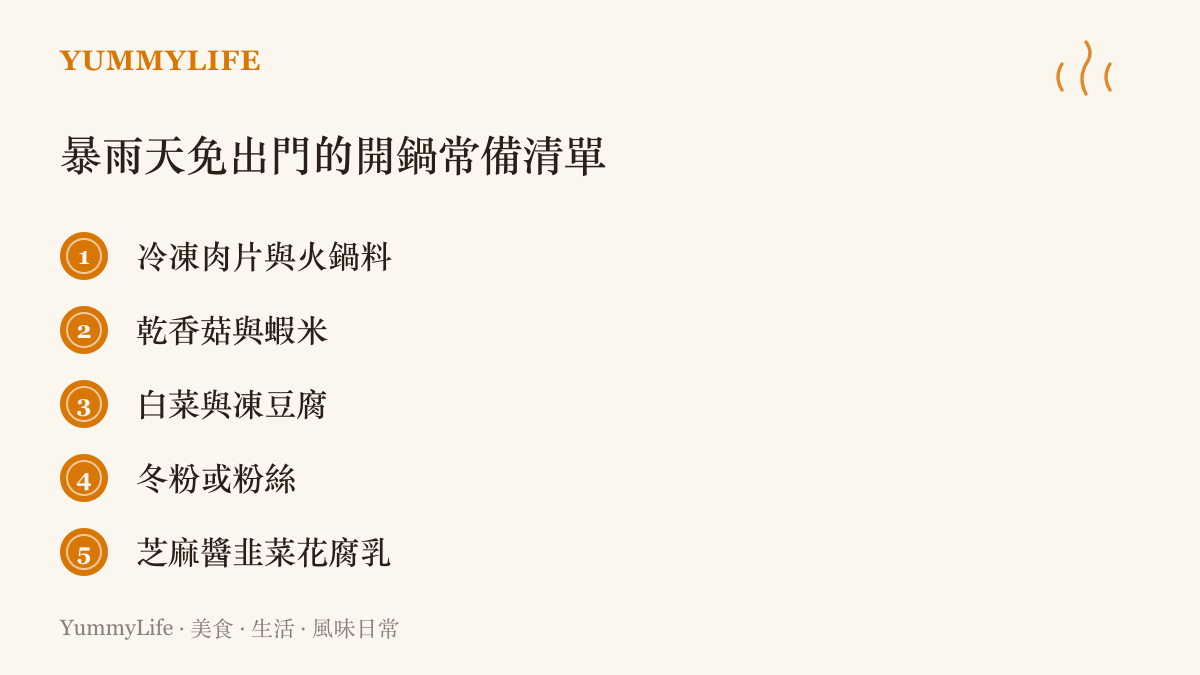 清單整理暴雨天在家開鍋的五類常備食材，涵蓋冷凍肉品、乾貨、蔬菜與蘸料