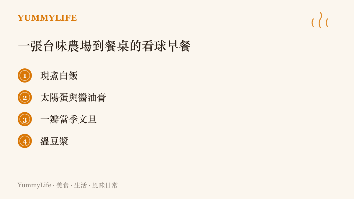 清單圖列出臺味版農場到餐桌看球早餐的品項：現煮白飯、太陽蛋與醬油膏、當季文旦與一杯溫豆漿