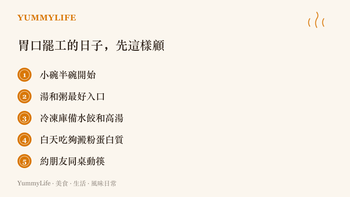 圖卡列出胃口變差時照顧進食的五個方法，包含小份量、湯粥類、冷凍備糧、白天喫飽與找朋友同桌喫飯
