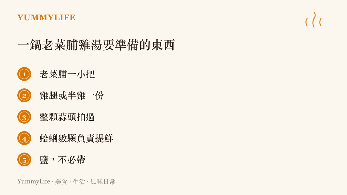 列出一鍋老菜脯雞湯的材料清單：老菜脯、雞腿、蒜頭與蛤蜊，並提醒鹽分來自菜脯本身、不需另外加鹽
