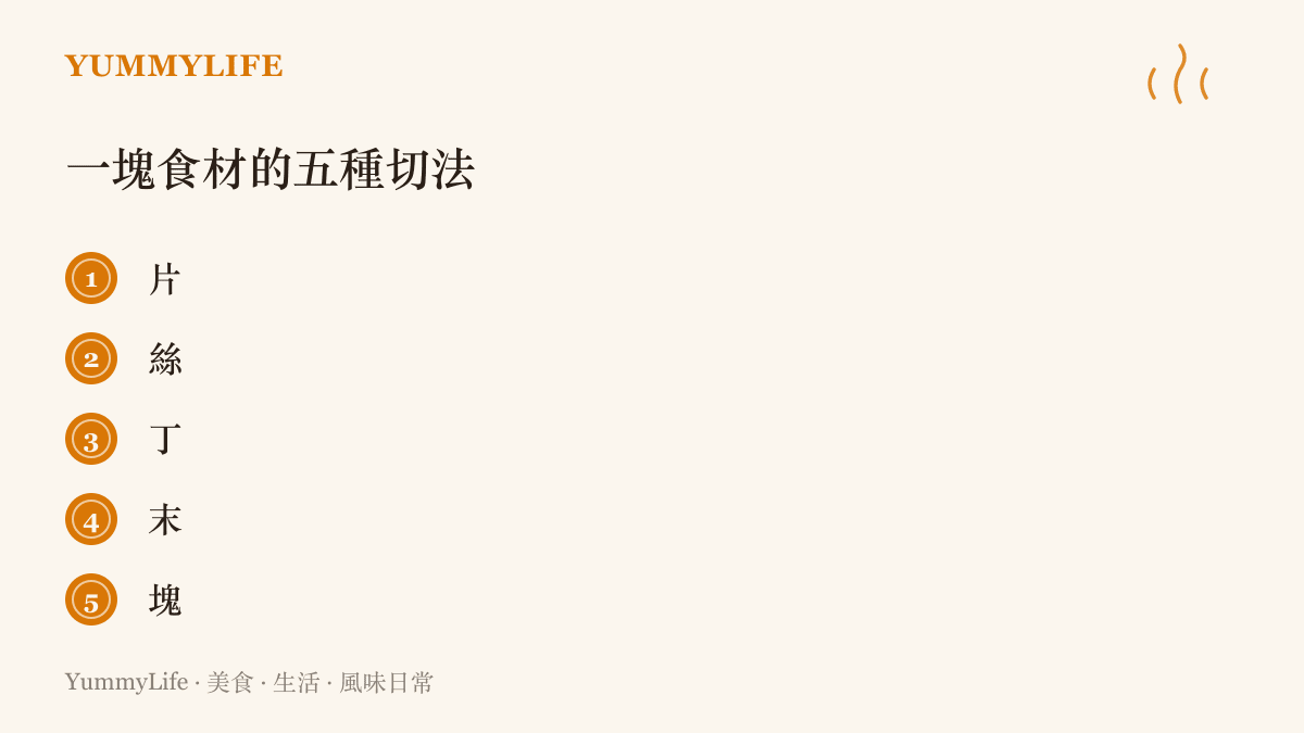 片、絲、丁、末、塊五種基本刀法的列舉，對照同一食材因切法不同而變化的口感與用途