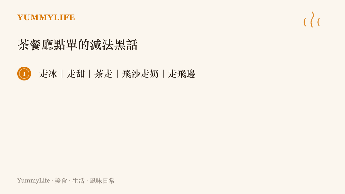 清單圖卡列舉茶餐廳點單常用的五種減法術語：走冰、走甜、茶走、飛沙走奶與走飛邊，分別代表去冰、去糖、以煉奶代替淡奶、無糖無奶的黑咖啡與切除吐司邊