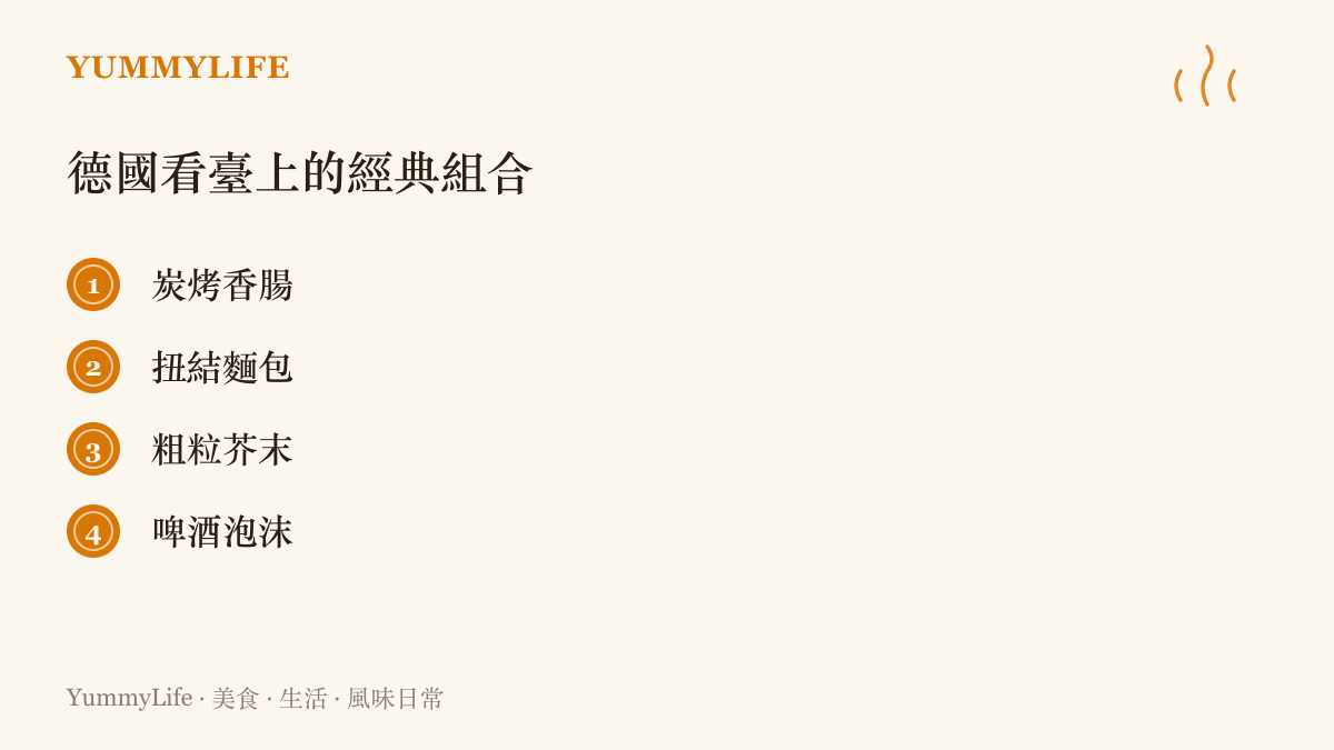 列出德國足球看臺上常見的炭烤香腸、扭結麵包、粗粒芥末與啤酒泡沫等經典味覺組合