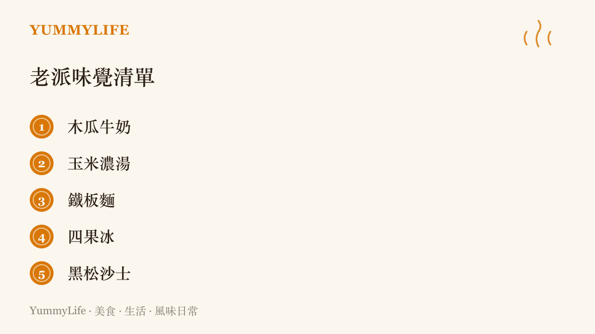 清單圖卡列出木瓜牛奶、玉米濃湯、鐵板麵、四果冰與黑松沙士五種臺灣老派味覺的代表