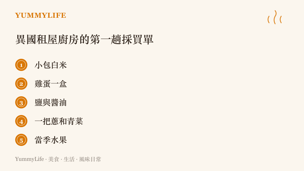清單列出在國外租屋開夥的第一趟採買品項：小包白米、一盒雞蛋、鹽與醬油、一把蔥和青菜，以及當季水果