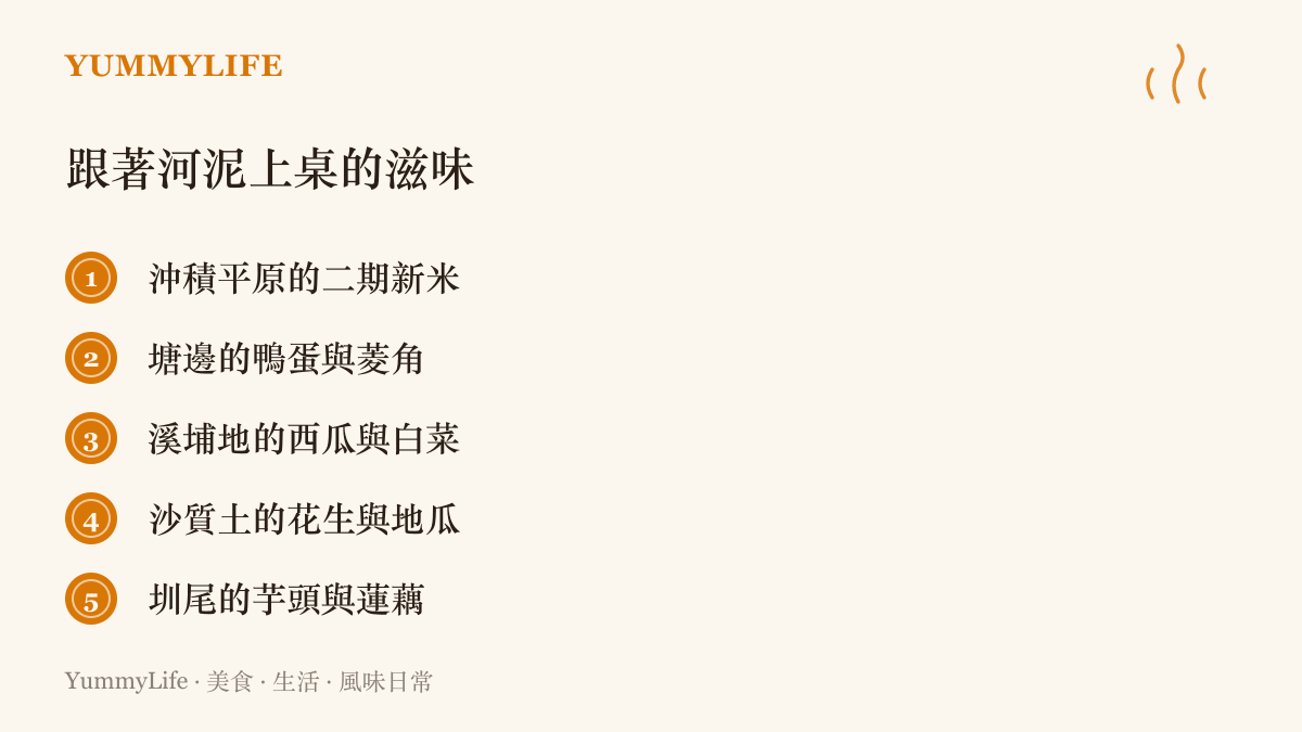 圖卡列舉五種由河流沖積土與水圳養出的食材，包括二期新米、塘邊鴨蛋與菱角、溪埔地西瓜與白菜、沙地花生與地瓜、圳尾芋頭與蓮藕