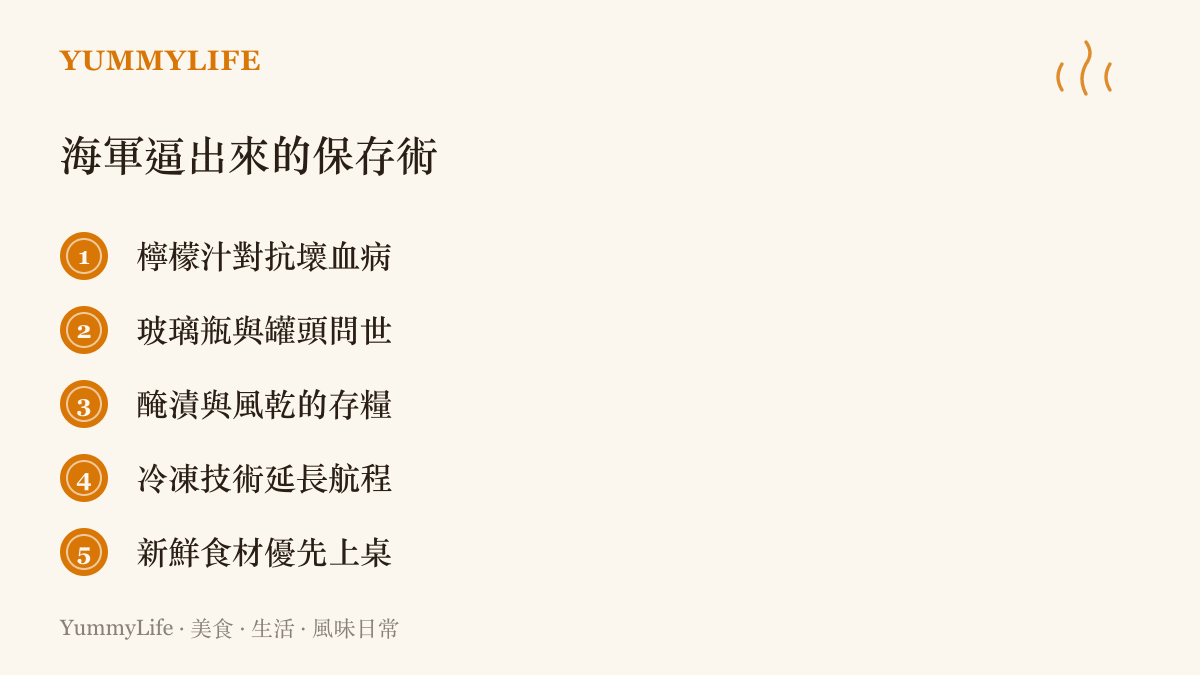 歷史上各國海軍為對抗食物腐壞發展出的五種方法，從檸檬汁抗壞血病到罐頭問世與新鮮食材優先上桌