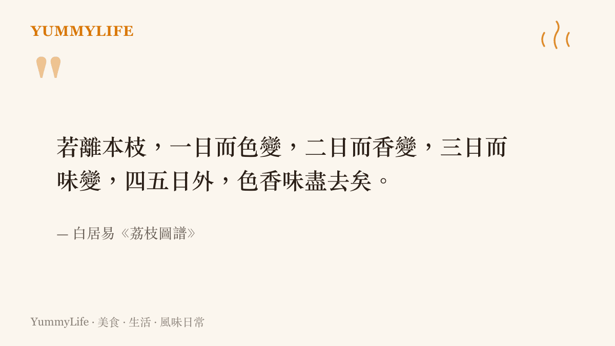 白居易《荔枝圖譜》中描述荔枝離開枝頭後色香味快速流失的古文段落