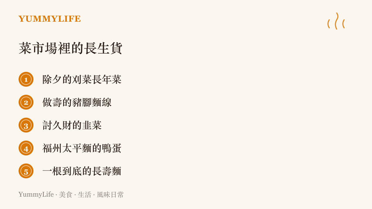 清單列出五道象徵長長久久的菜色，從除夕的刈菜長年菜、做壽的豬腳麵線、韭菜、福州太平麵，到下鍋不剪斷的長壽麵