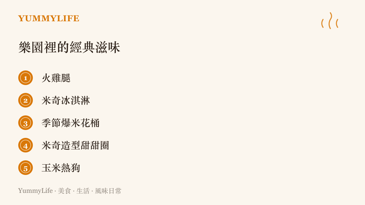 清單列出迪士尼樂園五種代表性食物：火雞腿、米奇冰淇淋、季節爆米花桶、米奇造型甜甜圈與玉米熱狗
