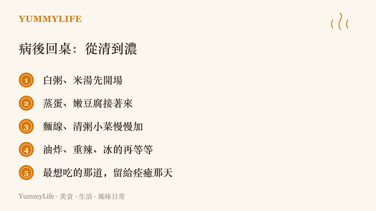 清單圖卡列出病後從清淡回到正常飲食的五步順序：白粥米湯開場，蒸蛋豆腐其次，麵線小菜慢慢加，油炸重辣壓後，最想喫的那道菜留給痊癒那天