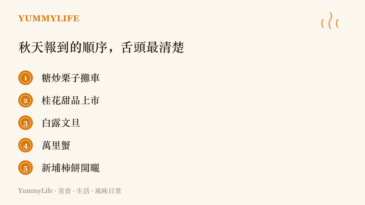 清單列出秋天陸續報到的味道，從糖炒栗子攤車、桂花甜品、白露文旦，到萬裏蟹與新埔柿餅開曬，依時令順序登場