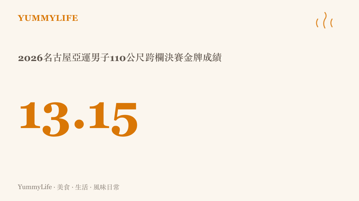 統計圖卡呈現陳圓將在2026名古屋亞運男子110公尺跨欄決賽跑出13秒15奪金的成績