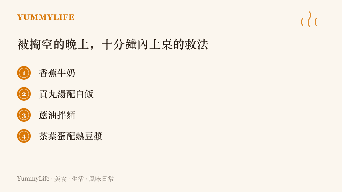 清單圖列出手邊就能變出的四種快速晚餐：香蕉牛奶、貢丸湯配白飯、蔥油拌麵、茶葉蛋配熱豆漿