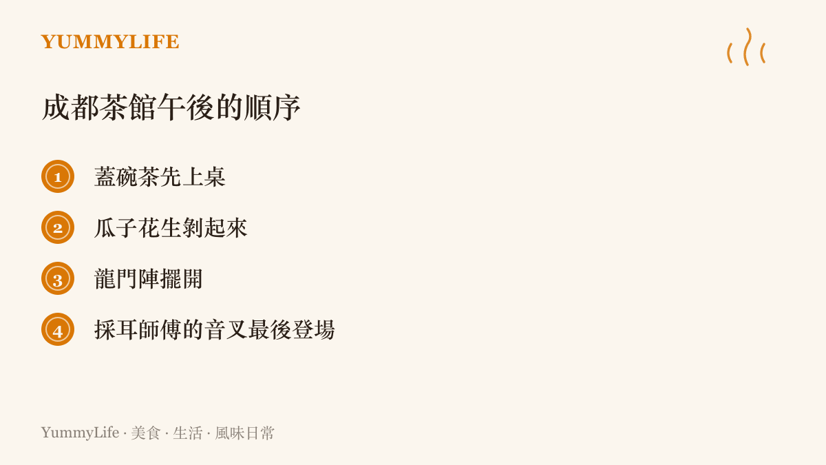 成都茶館午後的順序清單，從蓋碗茶上桌、剝瓜子花生、擺龍門陣，到採耳師傅的音叉最後登場