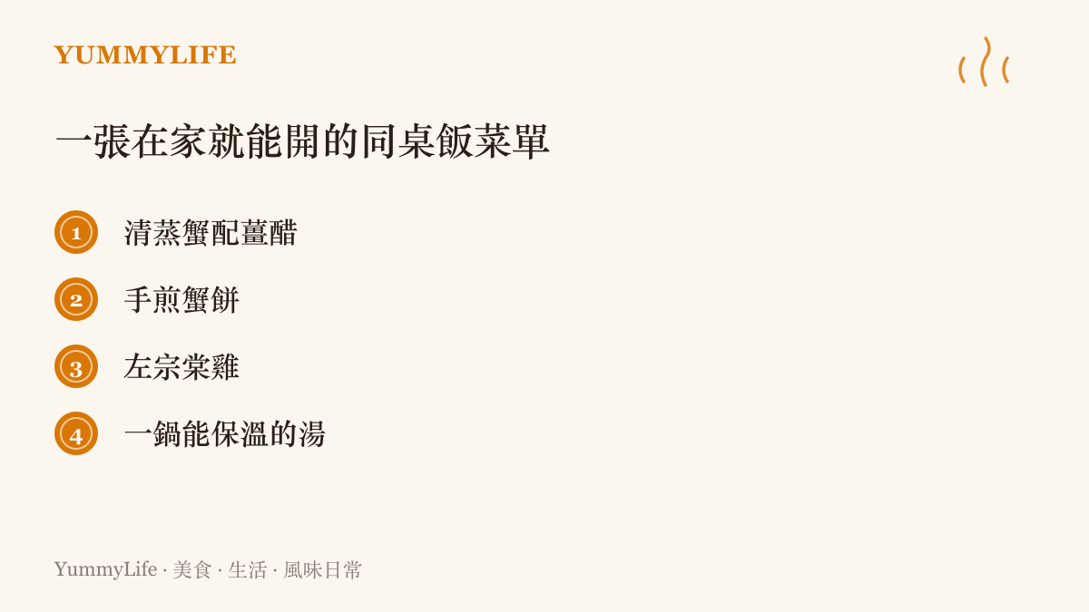 清單圖卡建議一桌在家開的同桌飯菜單，包含清蒸蟹配薑醋、手煎蟹餅、左宗棠雞與一鍋能保溫的湯