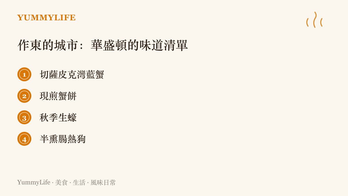 清單圖卡列出華盛頓在地的四種代表味道：切薩皮克灣藍蟹、現煎蟹餅、秋季生蠔與半燻腸熱狗