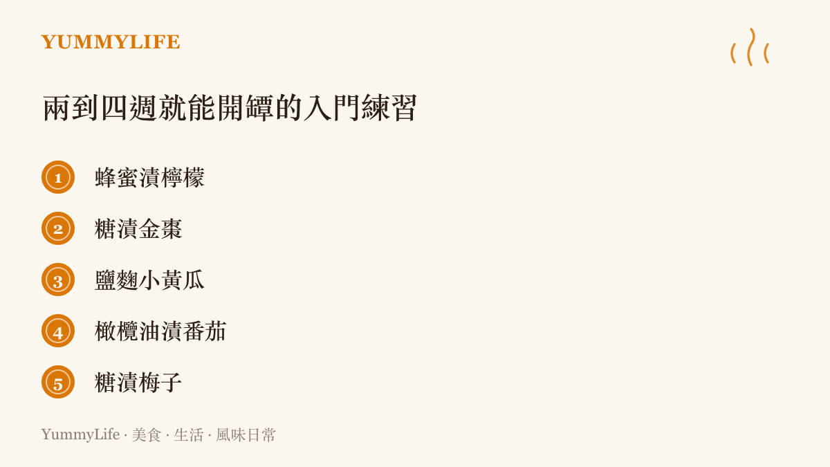 圖中列出五種適合新手的短天期漬物，有蜂蜜漬檸檬、糖漬金棗、鹽麴小黃瓜、橄欖油漬番茄與糖漬梅子
